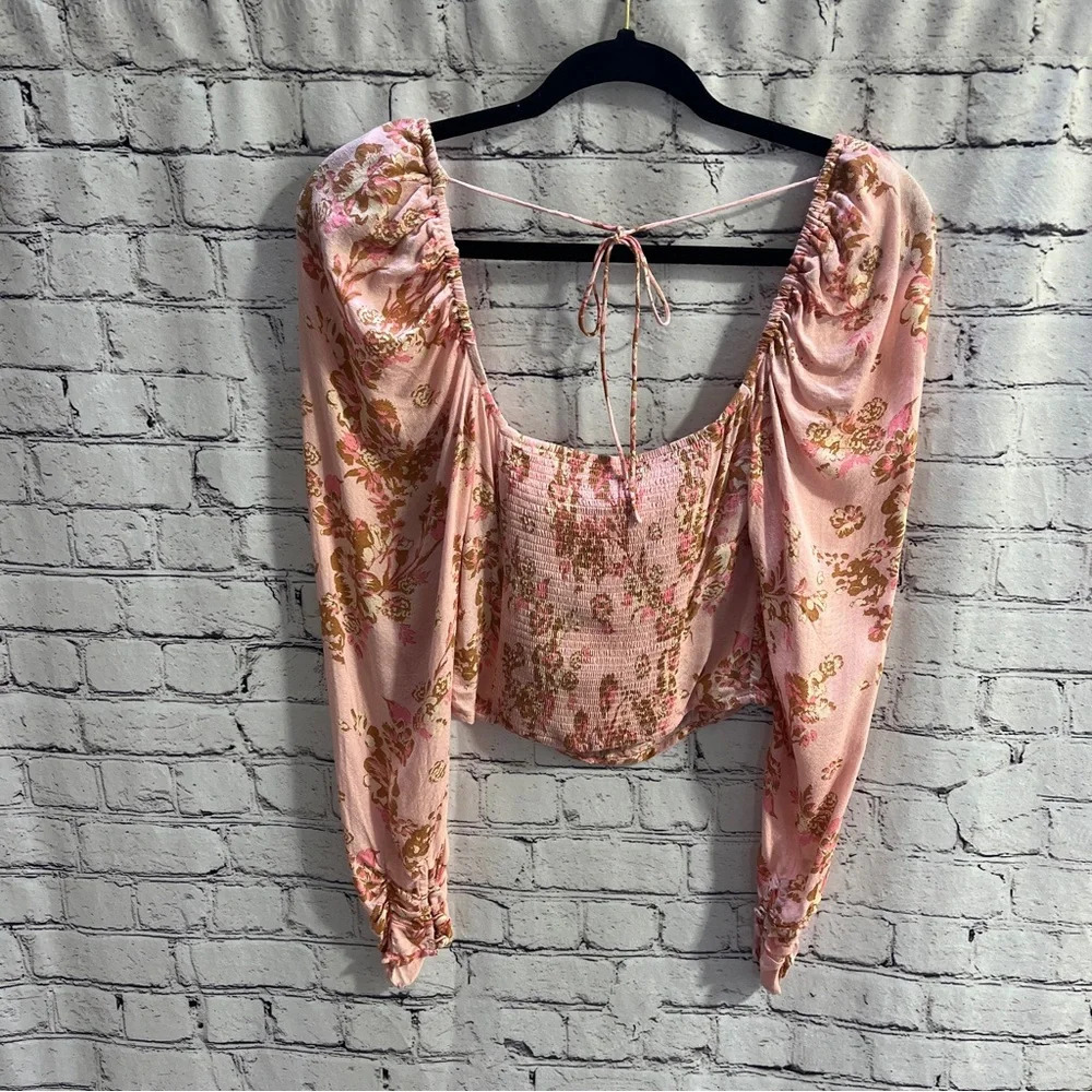 Free People Hilary Top Pink Floral Ruched Crop Long Sleeve Square Neck XS NWT